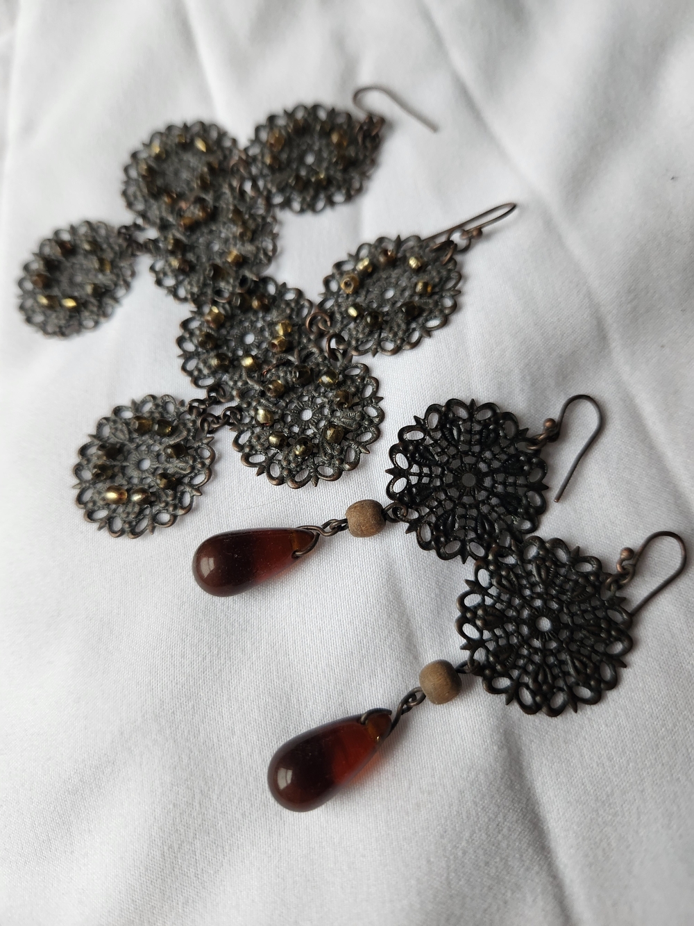 Boho Filigree Drop Earrings with Amber Teardrops